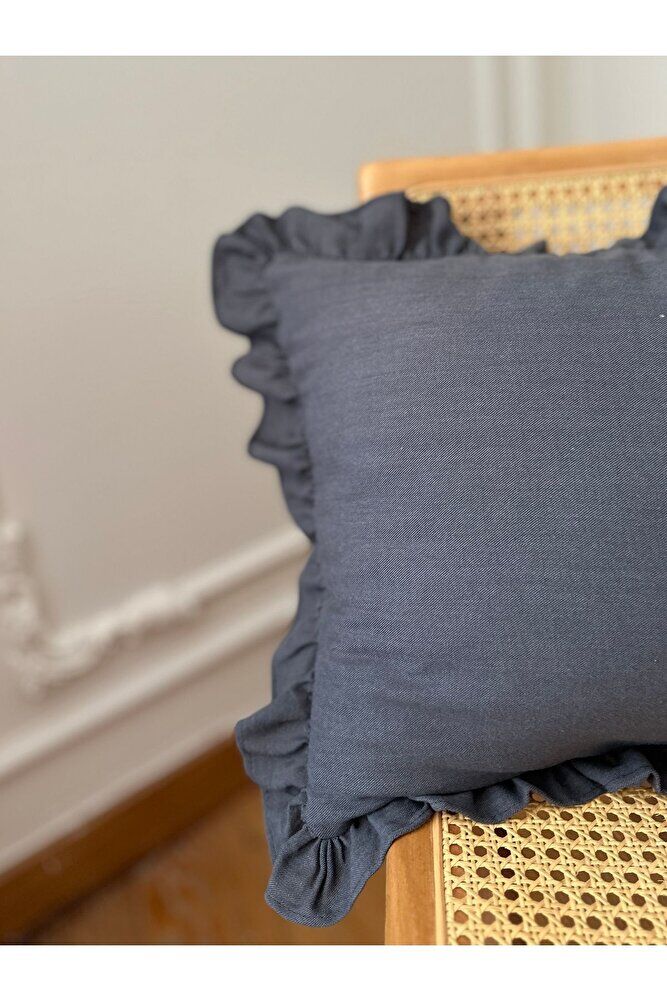 Yıkanmış Keten Dikdörtgen  Bohem Fırfırlı Kırlent Kılıfı