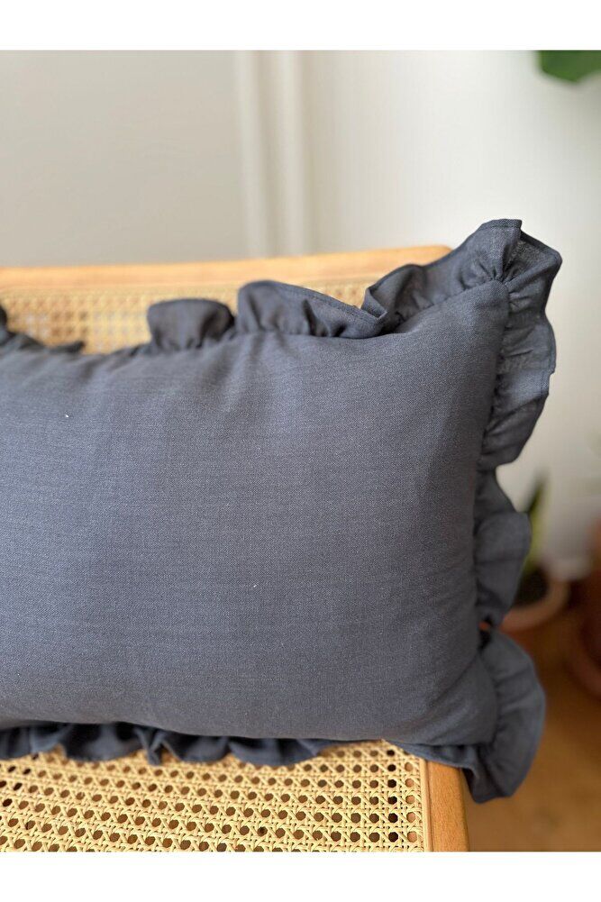 Yıkanmış Keten Dikdörtgen  Bohem Fırfırlı Kırlent Kılıfı