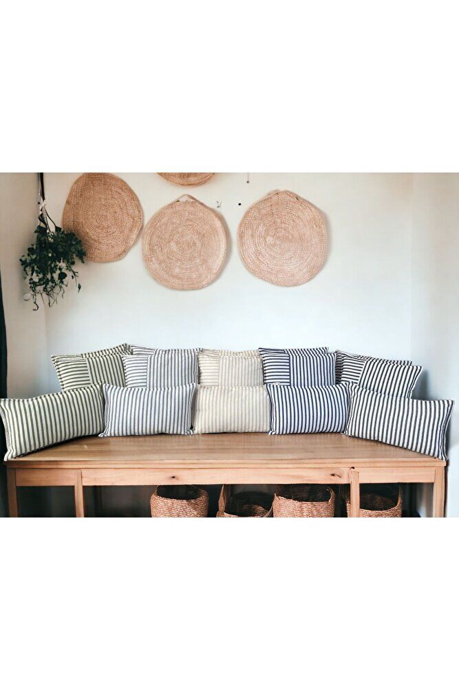 Modern Lacivert Çizgili Pamuklu Dekoratif 30x50 Cm Tek Yastık / Kırlent Kılıfı