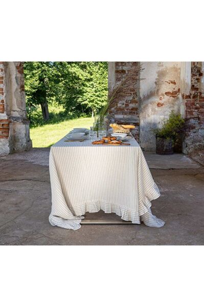 Buldan  Keten Fırfırlı Vintage Bej Çizgili  Masa Örtüsü