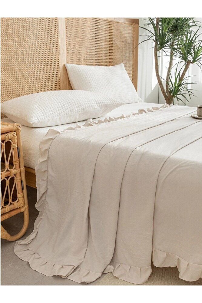 280x240 Cm Çift Kişilik Pamuklu Buldan Keten Fırfırlı Yatak Örtüsü