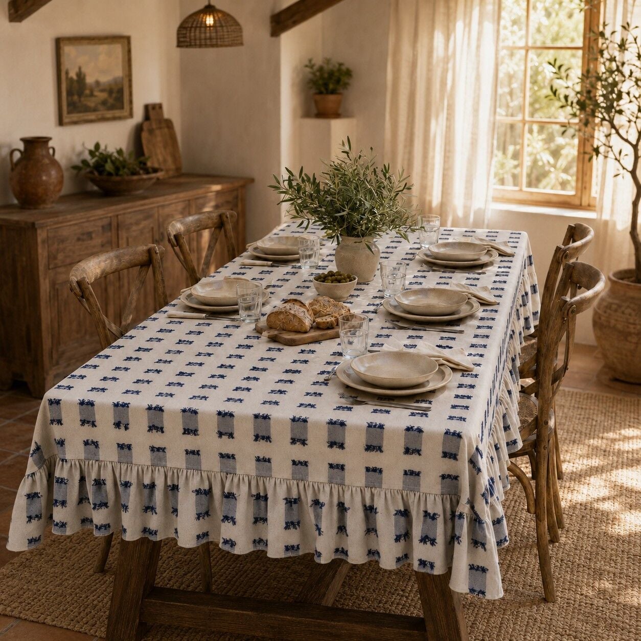 Buldan Keteni Püsküllü Fırfırlı Bohem Masa Örtüsü – naturel-lacivert 150 x 220