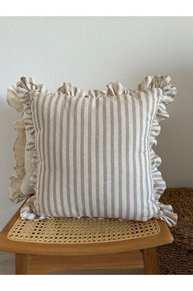 Yıkanmış Keten Bej Çizgili Bohem Fırfırlı Kırlent Kılıfı