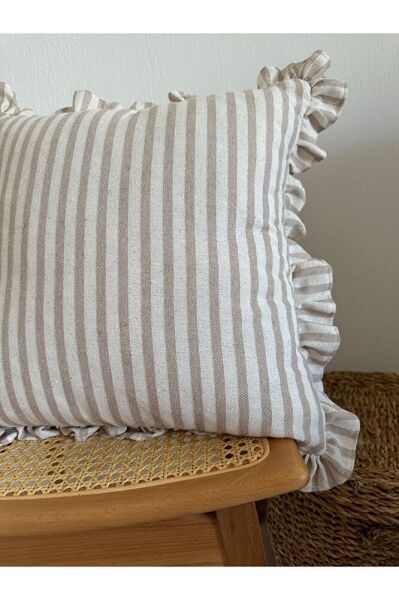 Yıkanmış Keten Bej Çizgili Bohem Fırfırlı Kırlent Kılıfı