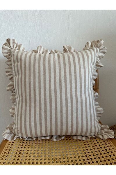 Yıkanmış Keten Bej Çizgili Bohem Fırfırlı Kırlent Kılıfı