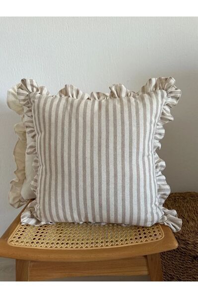 Yıkanmış Keten Bej Çizgili Bohem Fırfırlı Kırlent Kılıfı