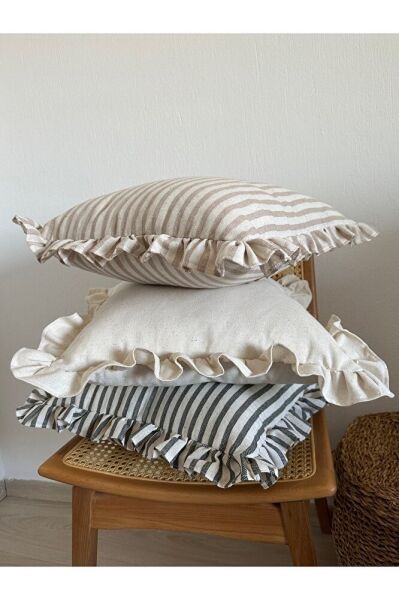 Yıkanmış Keten Bej Çizgili Bohem Fırfırlı Kırlent Kılıfı