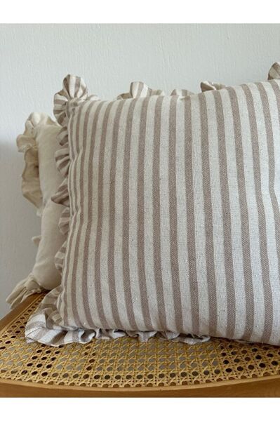 Yıkanmış Keten Bej Çizgili Bohem Fırfırlı Kırlent Kılıfı