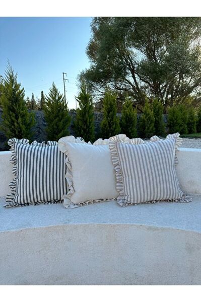 Yıkanmış Keten Bej Çizgili Bohem Fırfırlı Kırlent Kılıfı