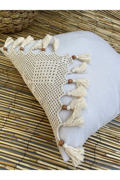 El Dantelli ve Örgü İp İşlemeli Püskül Organik Pamuklu Keten Kırlent Kılıfı