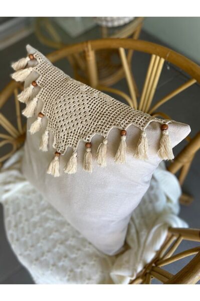 El Dantelli ve Örgü İp İşlemeli Püskül Organik Pamuklu Keten Kırlent Kılıfı