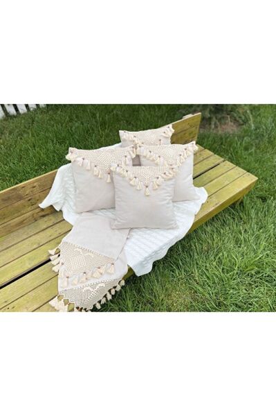 El Dantelli Örgü İp İşlemeli Püskül Organik Pamuklu 4'lü Keten Kırlent Kılıfı ve Dantelli Runner Se