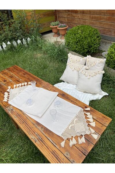 El Dantelli Örgü İp İşlemeli Püskül Organik Pamuklu 4'lü Keten Kırlent Kılıfı ve Dantelli Runner Se