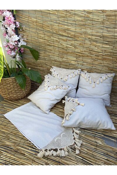 El Dantelli Örgü İp İşlemeli Püskül Organik Pamuklu 4'lü Keten Kırlent Kılıfı ve Dantelli Runner Se