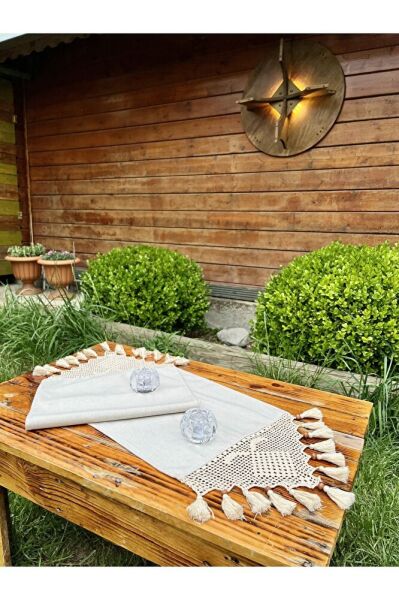 El Dantelli Örgü İp İşlemeli Püskül Organik Pamuklu 4'lü Keten Kırlent Kılıfı ve Dantelli Runner Se