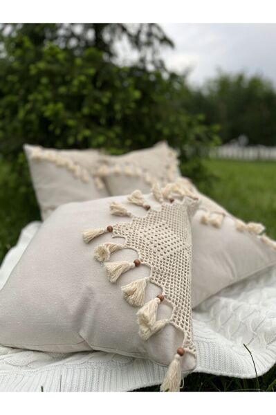El Dantelli Örgü İp İşlemeli Püskül Organik Pamuklu 4'lü Keten Kırlent Kılıfı ve Dantelli Runner Se