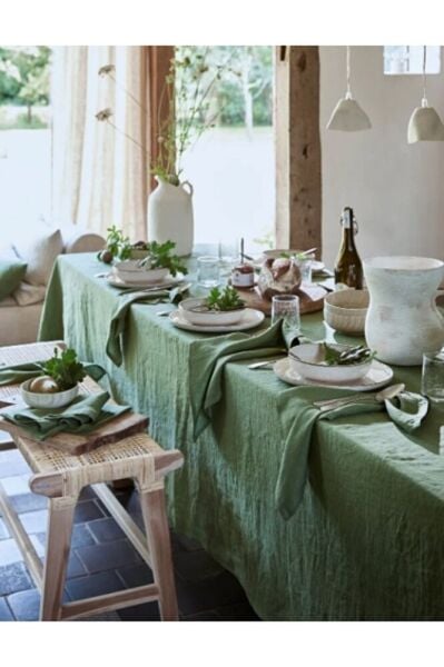 Organik Ham Keten Masa Örtüsü Koyu Yeşil