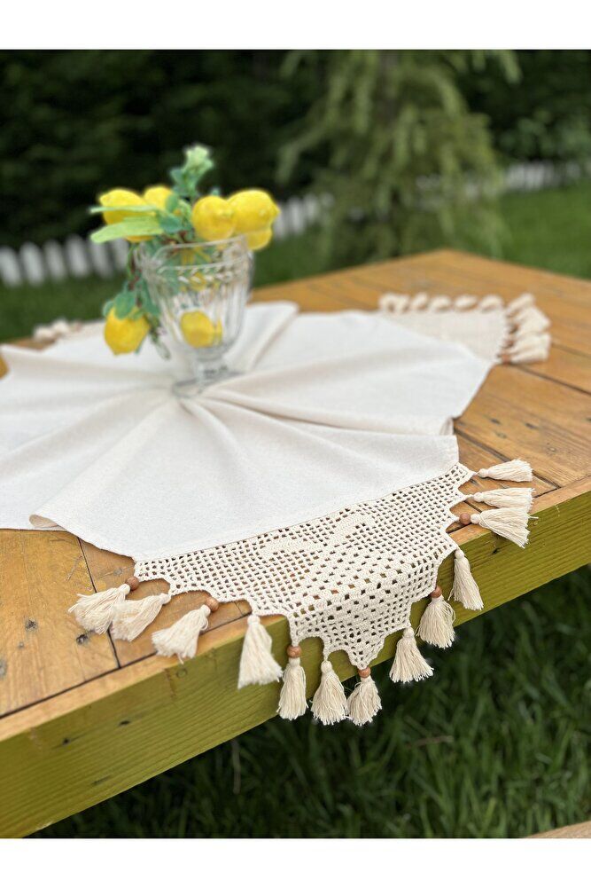 El Dantelli Örgü İp İşlemeli Püskül Organik Pamuklu Masa Örtüsü