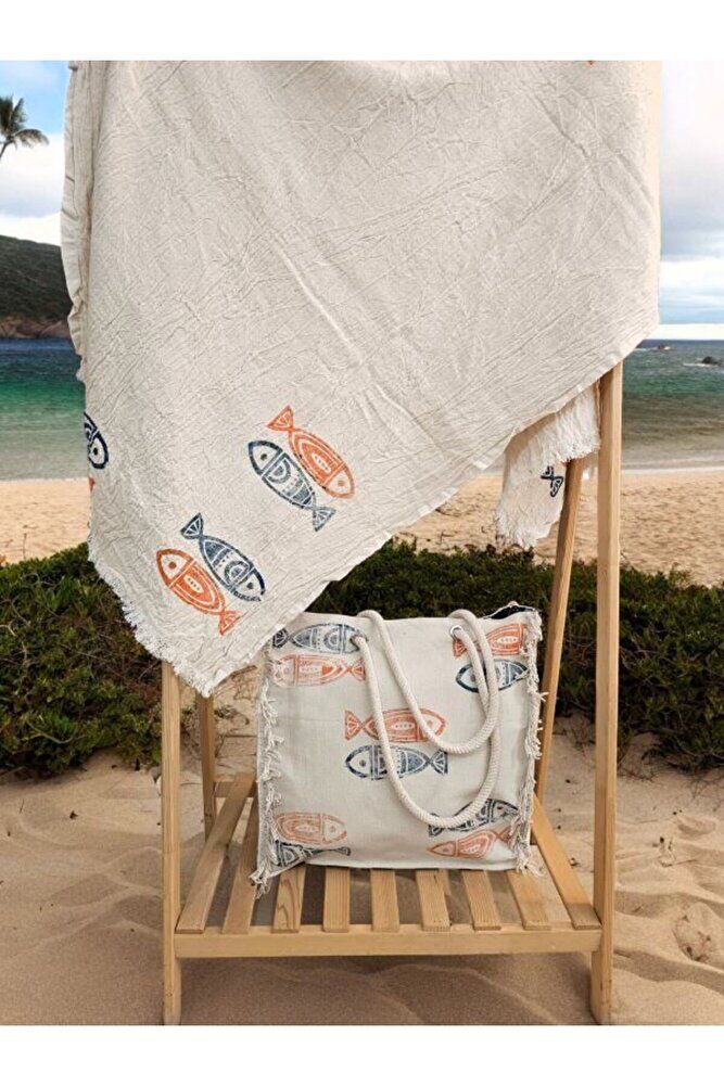 %100 Pamuk Otantik & El Baskılı Balık Desenli Örtü Müslin Peştemal Plaj Havlusu & Plaj Çantası