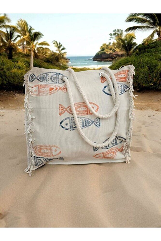 %100 Pamuk Otantik & El Baskılı Balık Desenli Örtü Müslin Peştemal Plaj Havlusu & Plaj Çantası