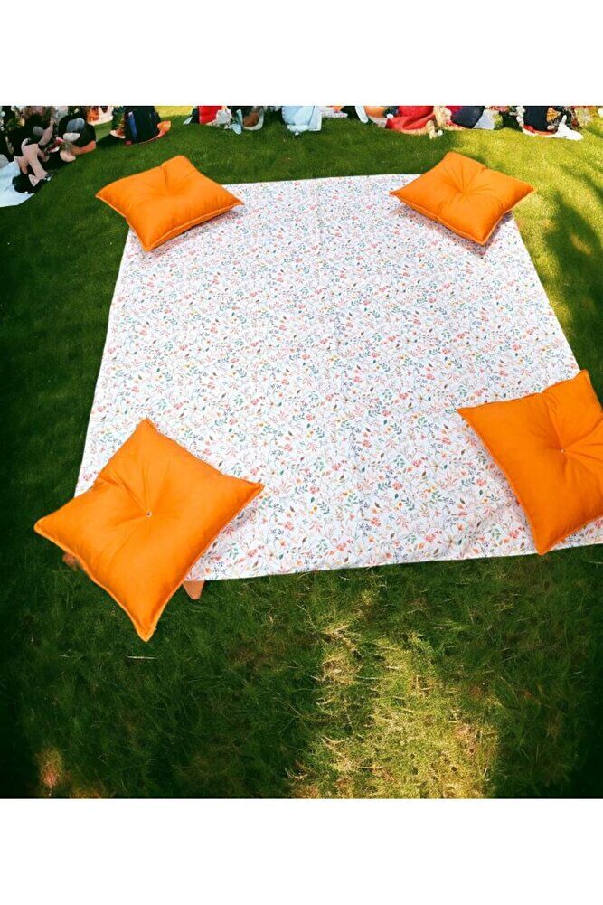Bahar Cicekleri Turuncu  Yastik  Piknik Ve Masa Ortusu Seti ( Annelerimize Özel )