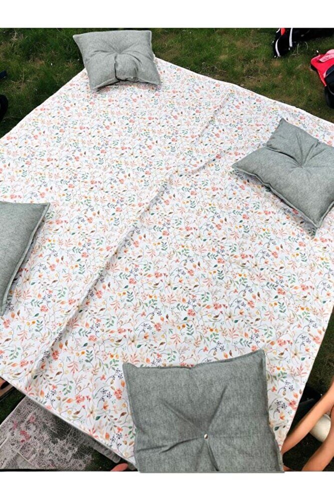 Bahar Cicekleri Su Yeşili Yastik Hediyeli Piknik Ve Masa Ortusu Seti ( Annelerimize Özel )