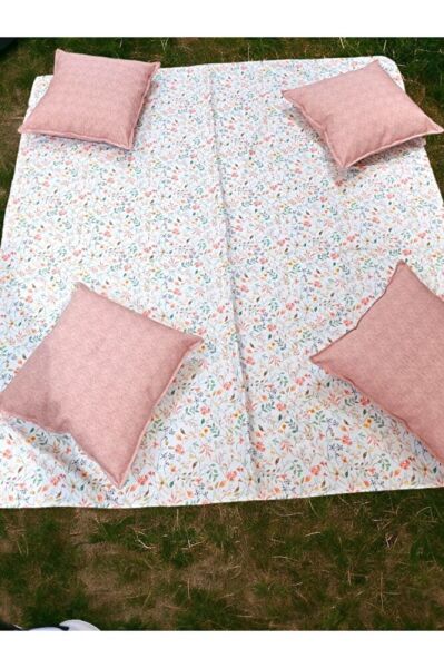 Bahar Cicekleri Pembe Yastik Hediyeli Piknik Ve Masa Ortusu Seti ( Annelerimize Özel )