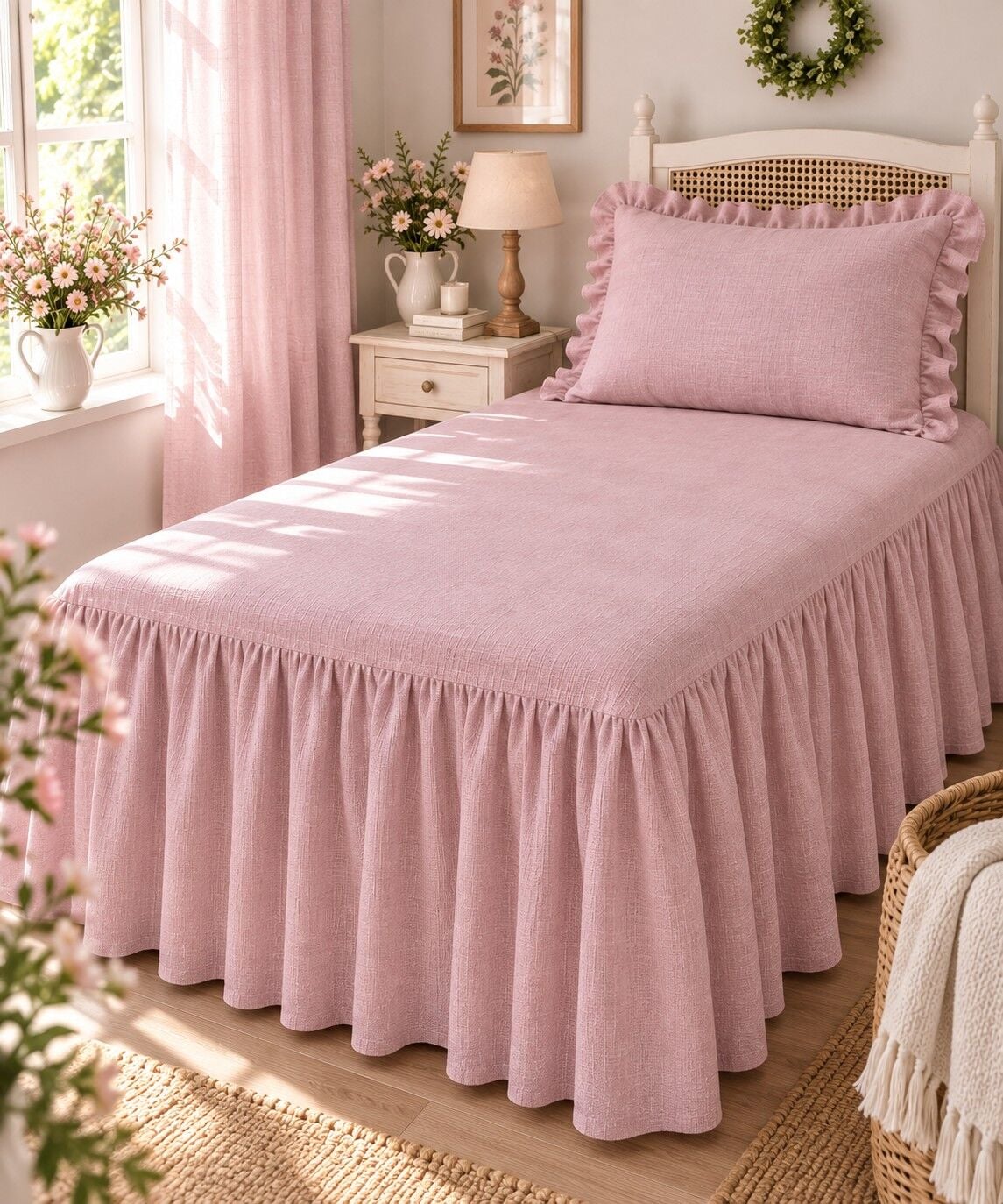 Ege Esintisi PEMBE Vintage Buldan Keten Dokulu %100 Pamuk Fırfırlı Etekli Lastikli Çarşaf Takımı 100 x 200