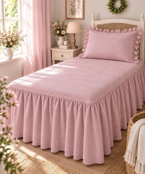 Ege Esintisi PEMBE Vintage Buldan Keten Dokulu %100 Pamuk Fırfırlı Etekli Lastikli Çarşaf Takımı 180 x 200