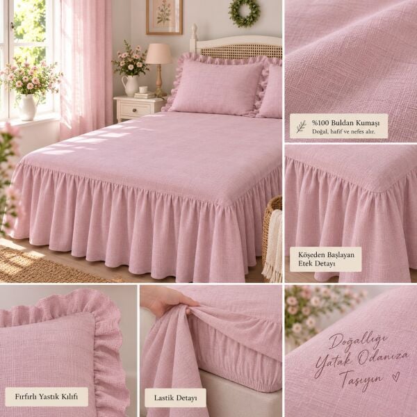 Ege Esintisi PEMBE Vintage Buldan Keten Dokulu %100 Pamuk Fırfırlı Etekli Lastikli Çarşaf Takımı 90 x 200