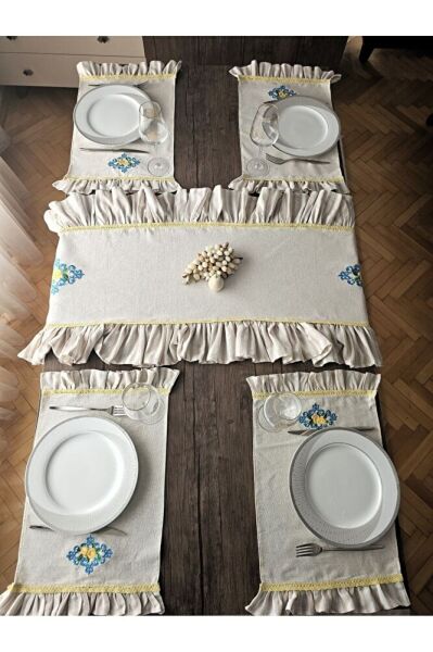 Retro Limon Nakışlı, Fırfırlı, Buldan Keten AMERİKAN SERVİS