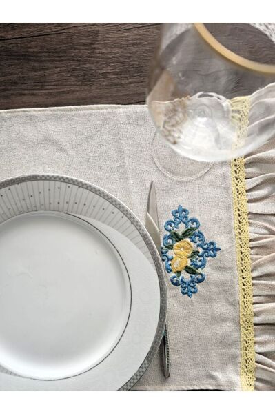 Retro Limon Nakışlı, Fırfırlı, Buldan Keten AMERİKAN SERVİS