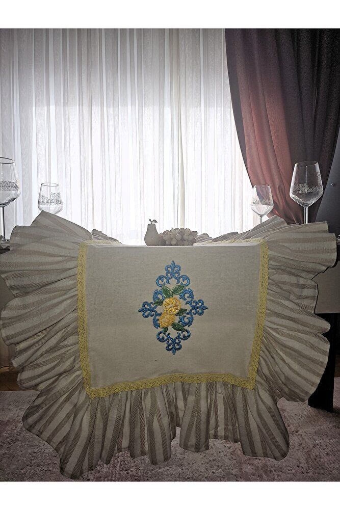 Retro Limon Nakışlı , Fırfırlı, Buldan Keten Runner