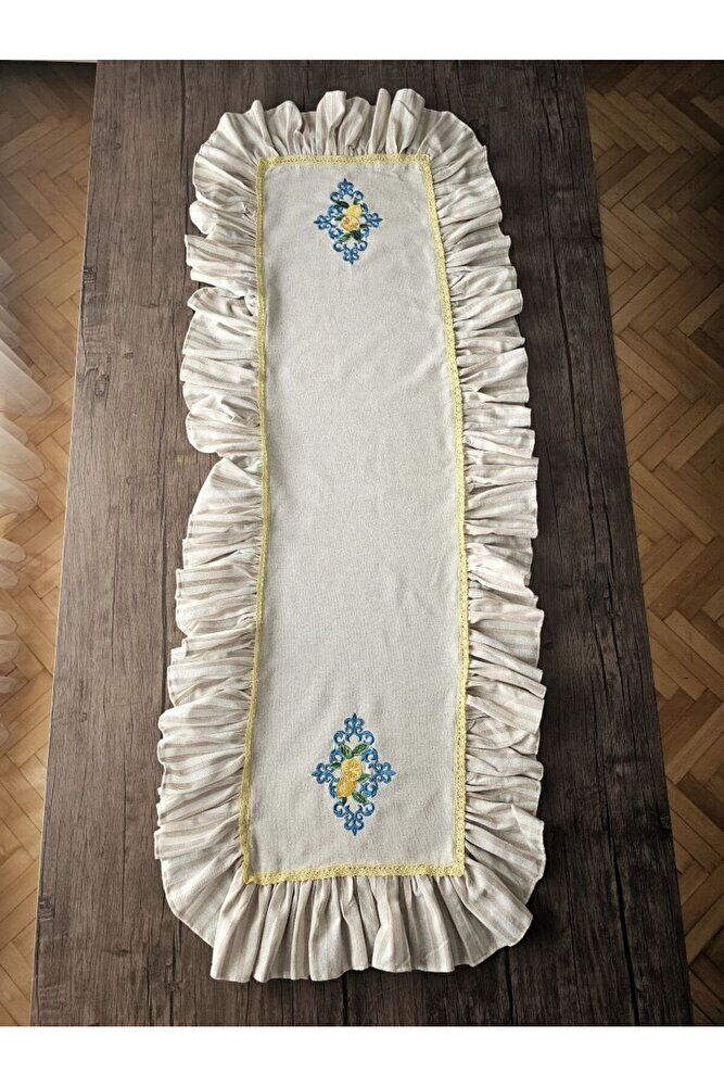 Retro Limon Nakışlı , Fırfırlı, Buldan Keten Runner