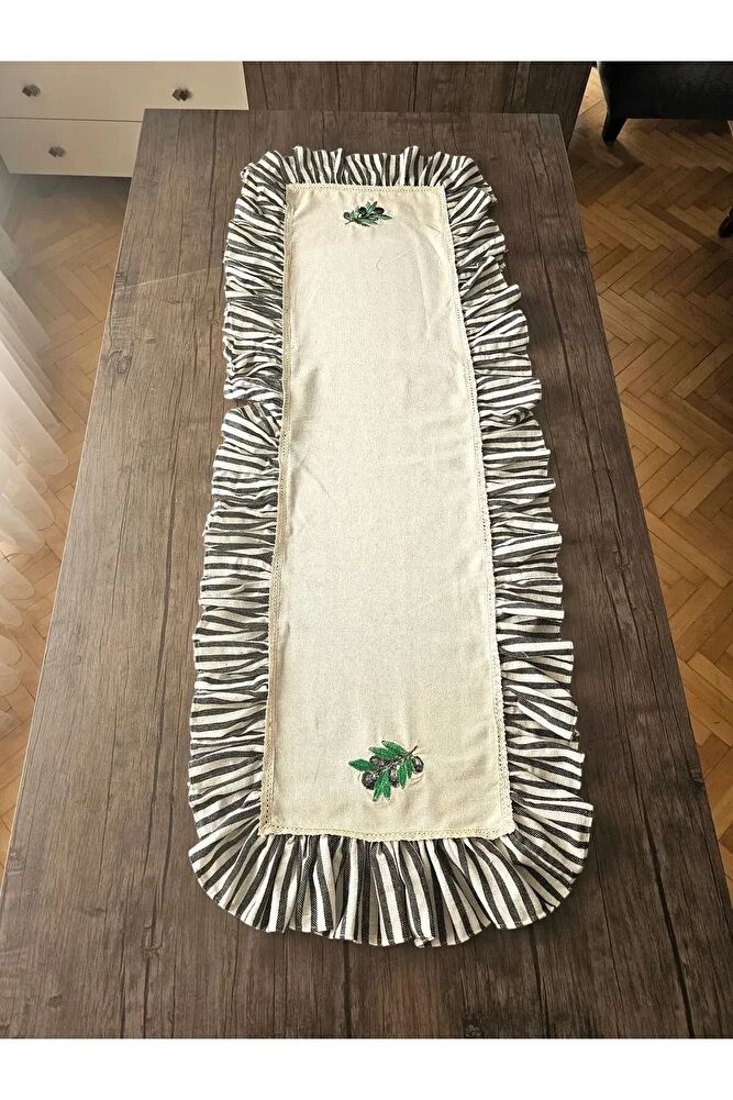 ZEYTİN Nakışlı, Fırfırlı, Buldan Keten AMERİKAN SERVİS