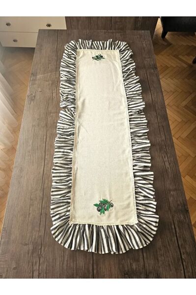 ZEYTİN Nakışlı, Fırfırlı, Buldan Keten AMERİKAN SERVİS