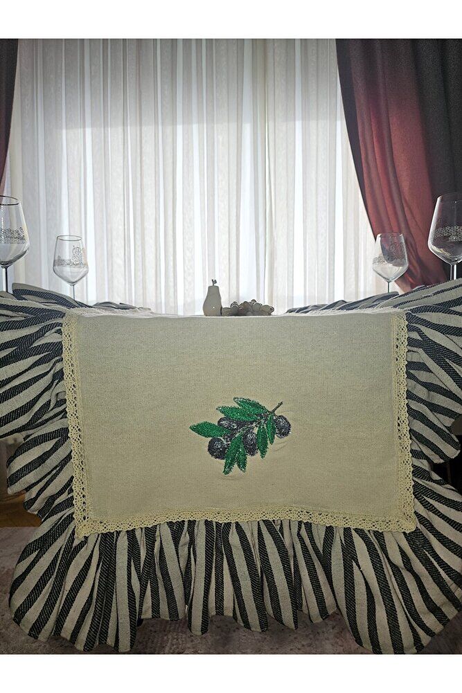 ZEYTİN Nakışlı, Fırfırlı, Buldan Keten AMERİKAN SERVİS