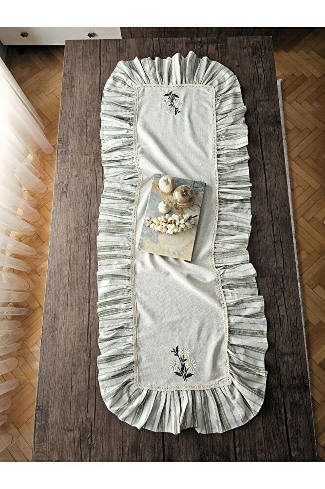 Papatya Nakışlı, Fırfırlı, Buldan Keten  Runner