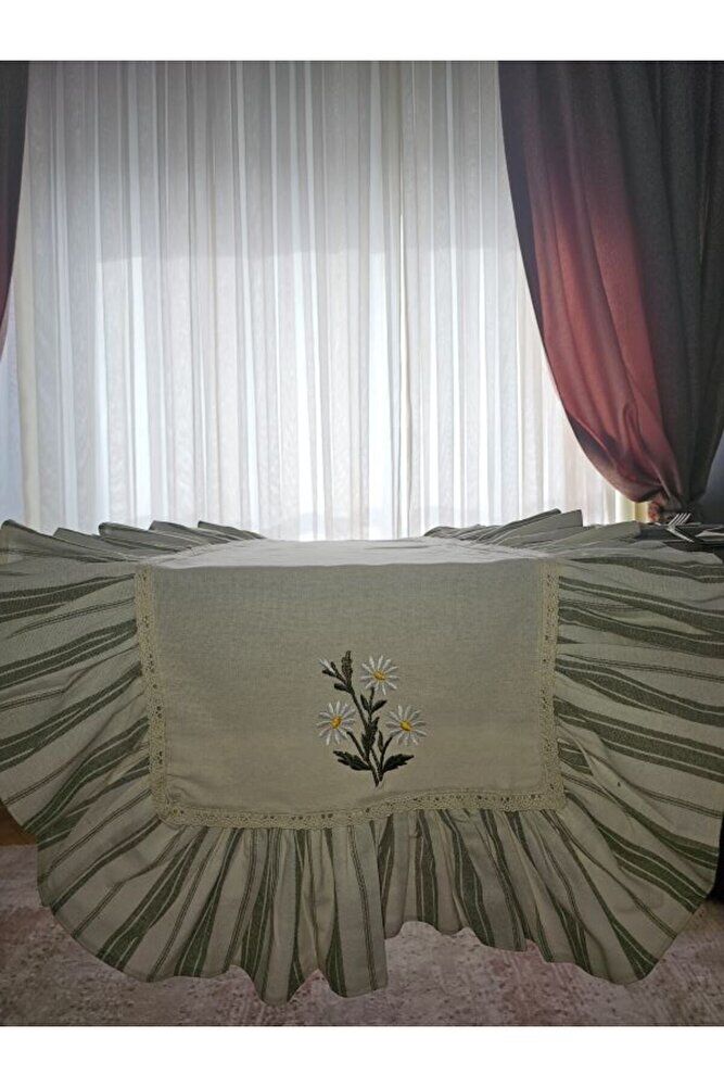 Papatya Nakışlı, Fırfırlı, Buldan Keten  Runner