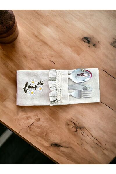 Buldan Keten Papatya Nakışlı Çatal Kaşık Bıçak Kılıfı (6 ADET)