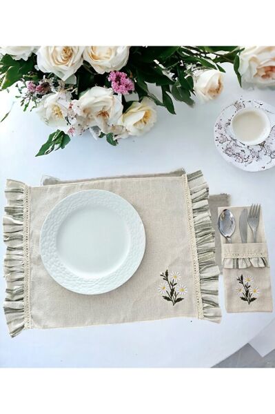 Buldan Keten Papatya Nakışlı Çatal Kaşık Bıçak Kılıfı (6 ADET)