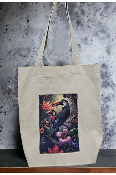 Kuş Dijital Baskı Aplikeli Bez Çanta