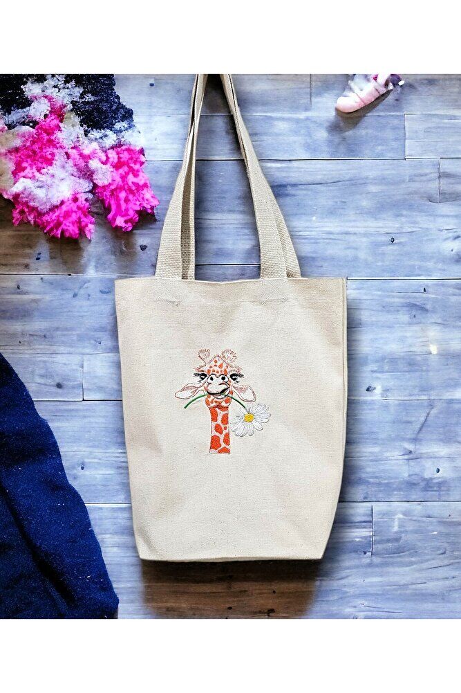 Melankolik Zürafa Nakişli Bez Çanta
