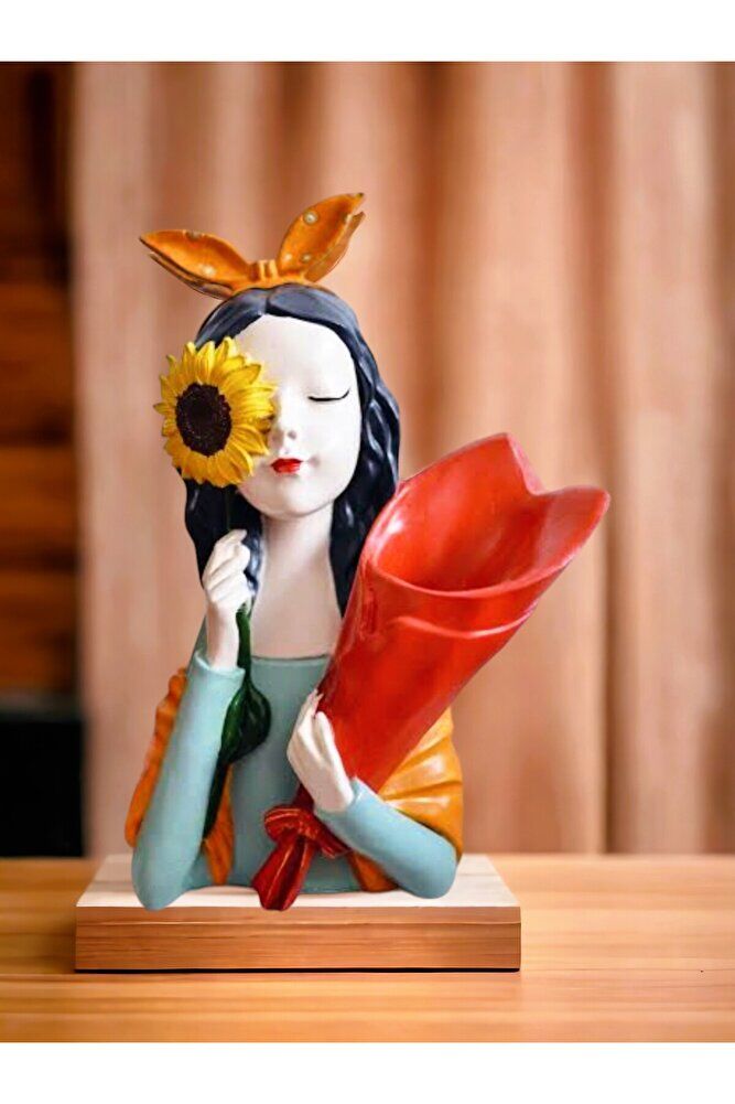 Ayçiçekli Buketli Kız Heykeli TURUNCU