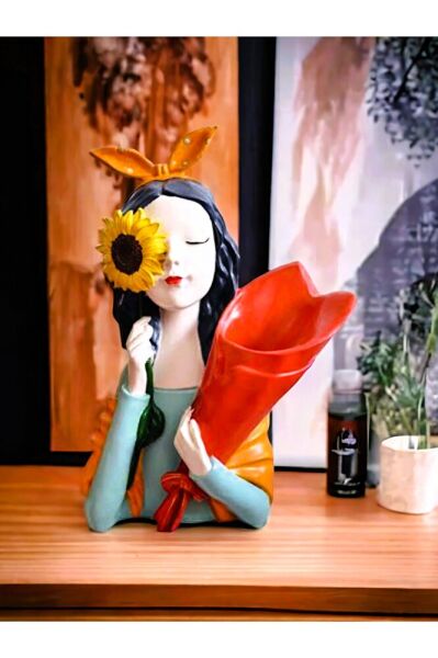 Ayçiçekli Buketli Kız Heykeli TURUNCU