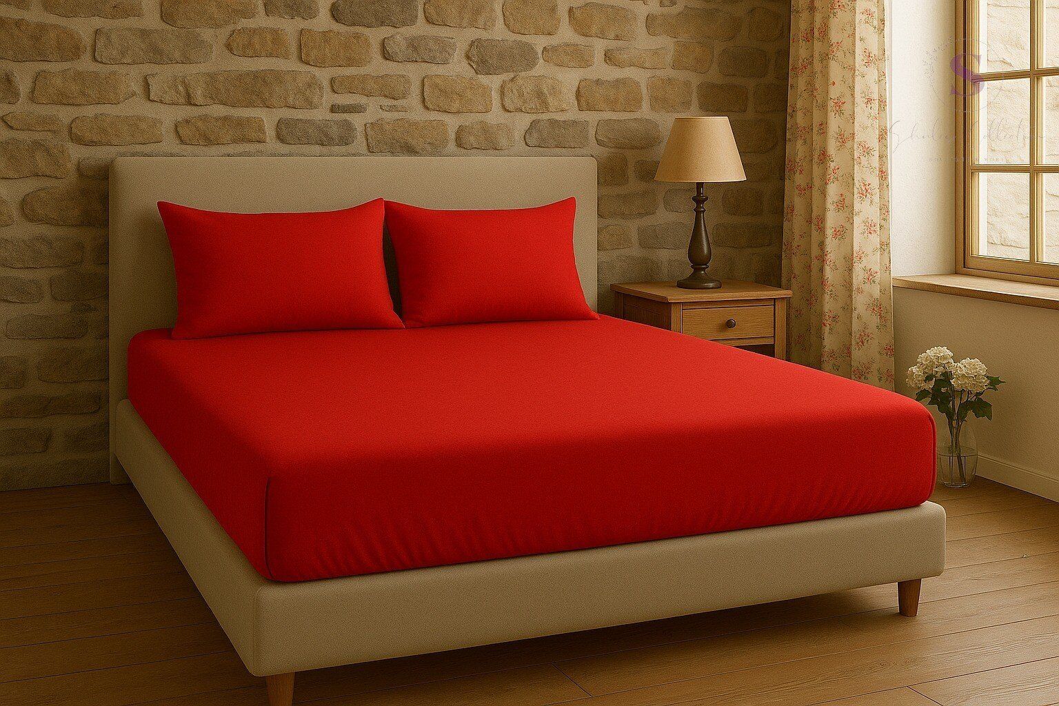 Shules collection Buldan Keteni Kırmızı Çift Kişilik Çarşaf+Yastık Seti %100 Pamuk