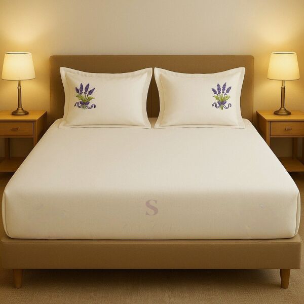 Shules collection Buldan Keteni Lavanta Nakışlı Çift Kişilik Çarşaf+Yastık Seti %100 Pamuk