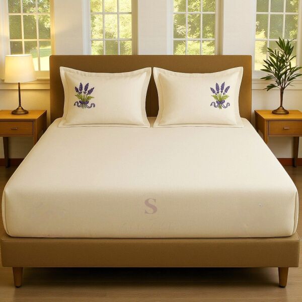 Shules collection Buldan Keteni Lavanta Nakışlı Çift Kişilik Çarşaf+Yastık Seti %100 Pamuk