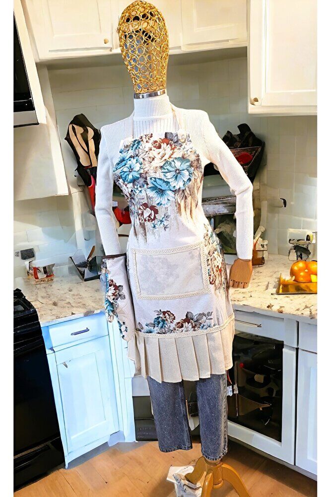 MAVİ Çiçekli 3lü Mutfak Önlük Seti ( Mutfak Önlüğü , Fırın Eldiveni Ve Poşetlik)