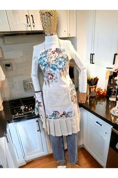 MAVİ Çiçekli 3lü Mutfak Önlük Seti ( Mutfak Önlüğü , Fırın Eldiveni Ve Poşetlik)